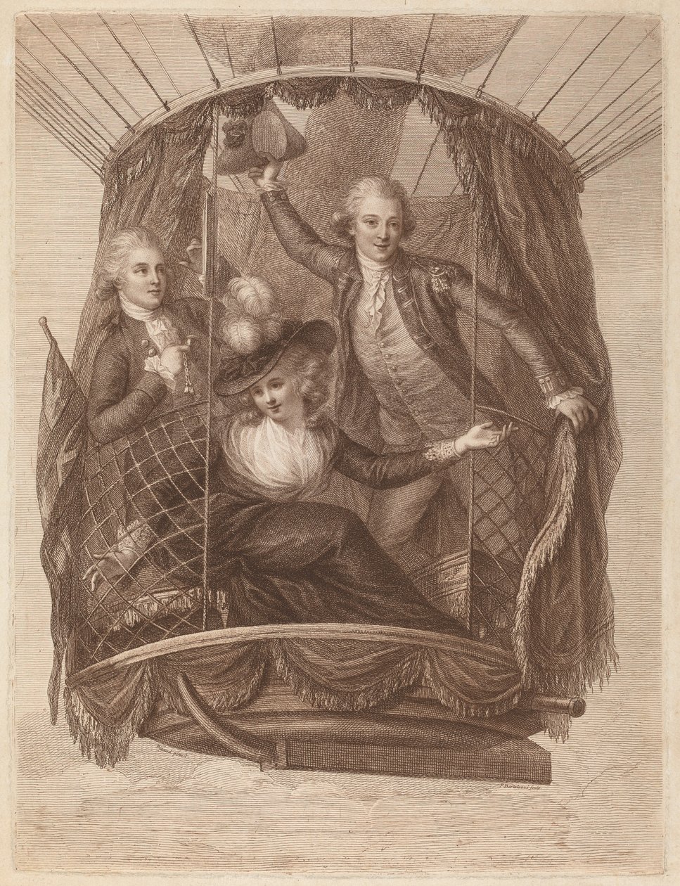 Den berømte Vincent Lunardi Esq. Akkompagnert av to venner i hans tredje luftutflukt, tatt fra St. George's Fields, i London av Francesco Bartolozzi after John Francis Rigaud