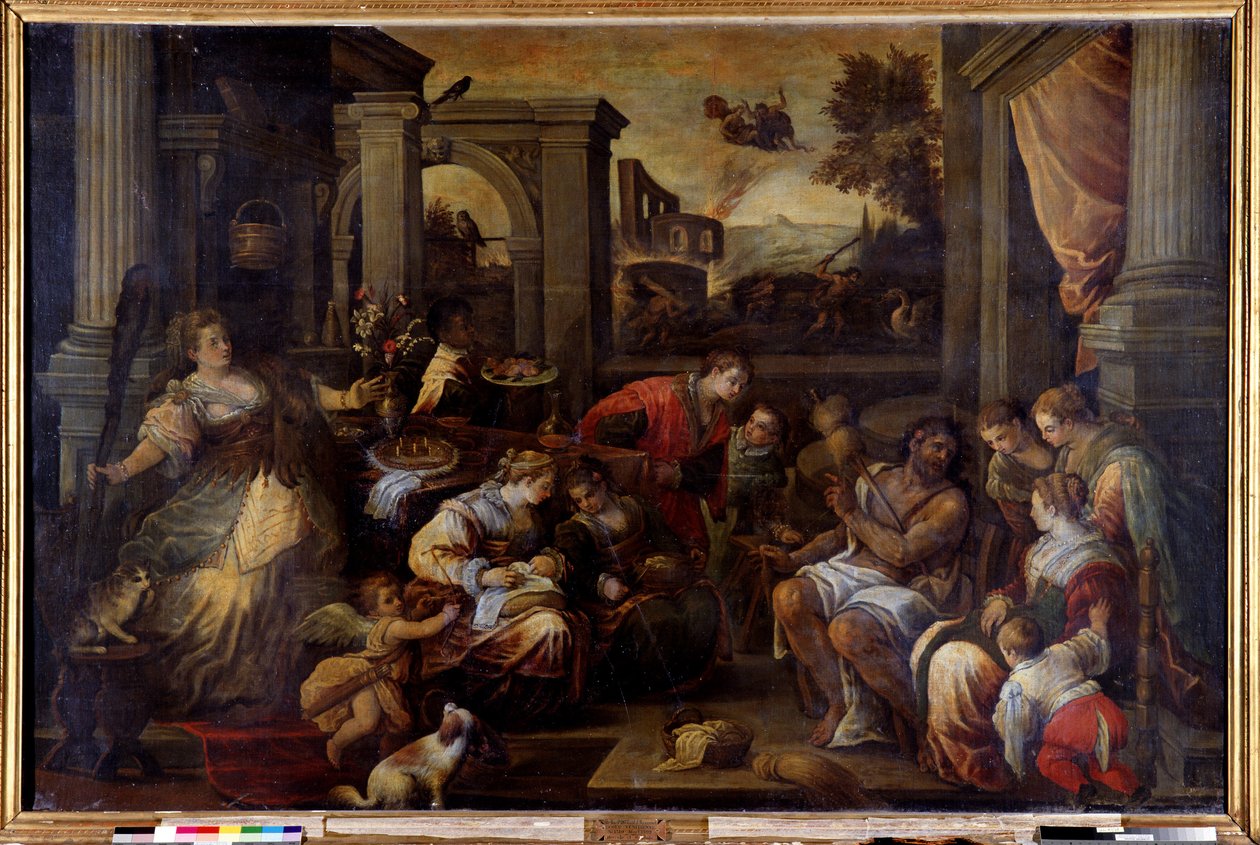 Hercules og Omphale Hercules, forelsket i dronningen av Lycia Omphale, tar sin spinner-cattail av Francesco Bassano