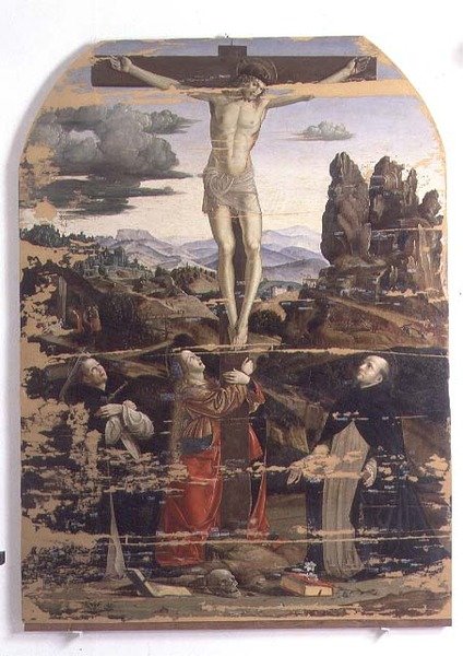 Korsfestelse med St. Dominic, St. Mary Magdalene og St. Peter Martyr (panel) av Francesco Bianchi Ferrari