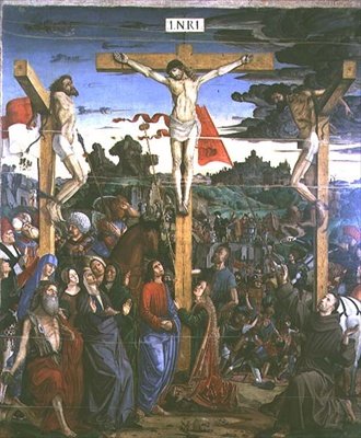 Korsfestelse med St. Hieronymus og St. Frans (panel) av Francesco Bianchi Ferrari