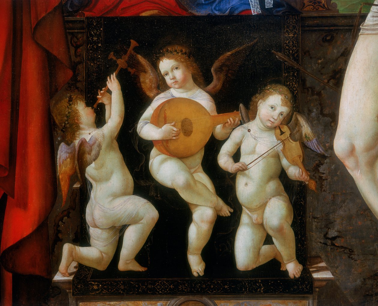 Tre musikalske engler. Detalj av altertavlen til Madonna tronet med de hellige Jerome og Sebastian, av Francesco Bianchi Ferrari, San Pietro-kirken, Modena av Francesco Bianchi Ferrari