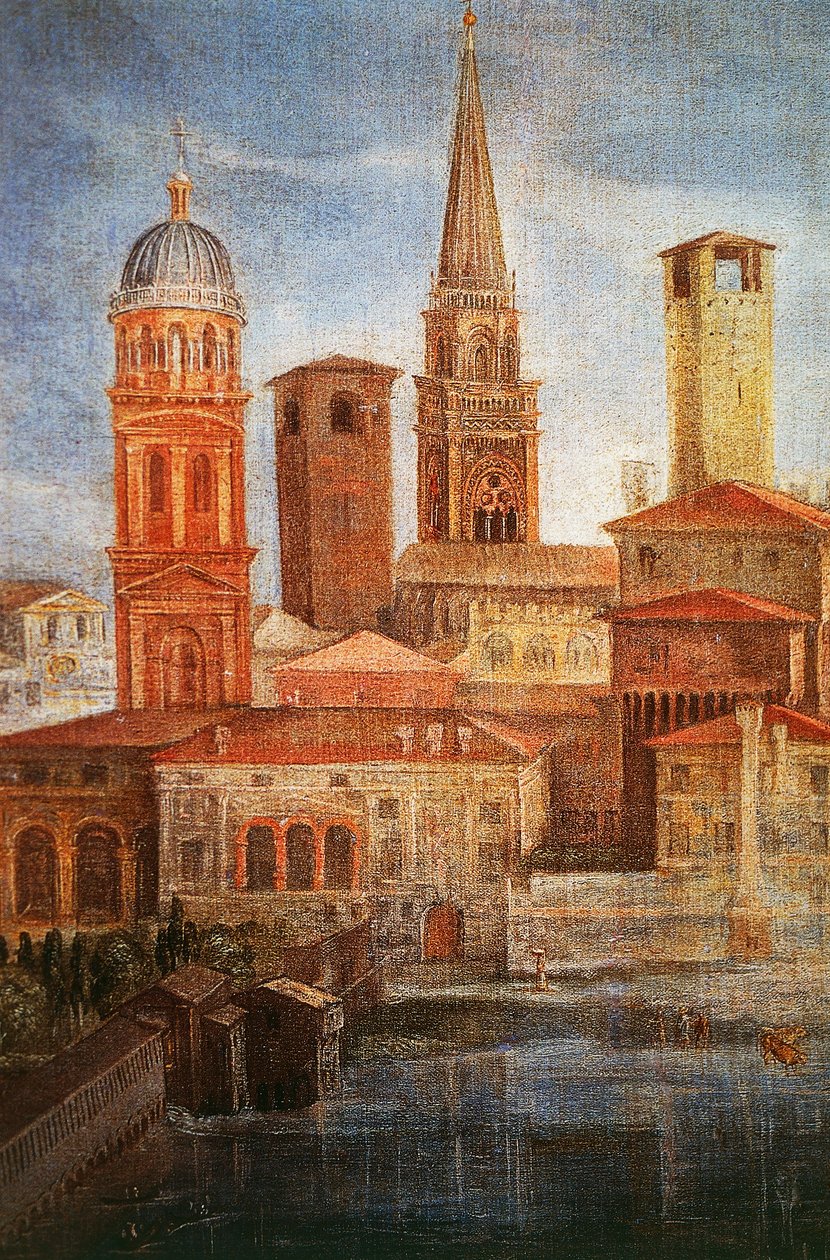 Utsikt over Mantua, Detalj av St Francis ber til jomfru Maria for å få slutt på epidemien, ca 1618 av Francesco Borgani (1557-1624), 322x197 cm, Olje på lerret av Francesco Borgani