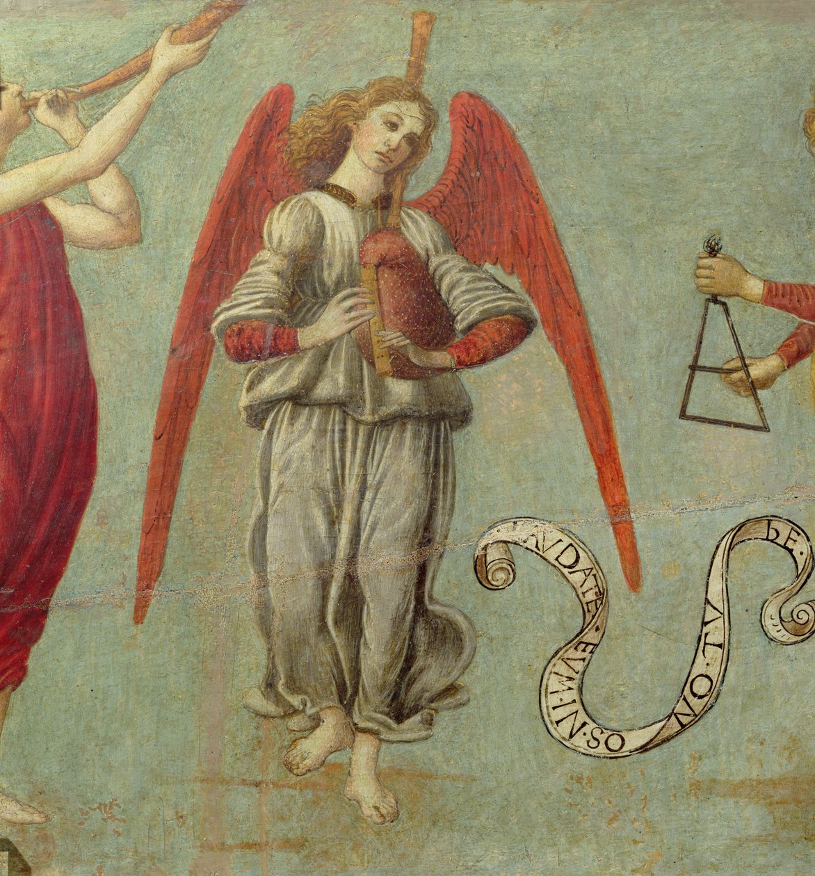 Engel som spiller sekkepipe, ca. 1475-97 tempera på paneldetalj av 64871, se også 64873 og 64874 av Francesco Botticini