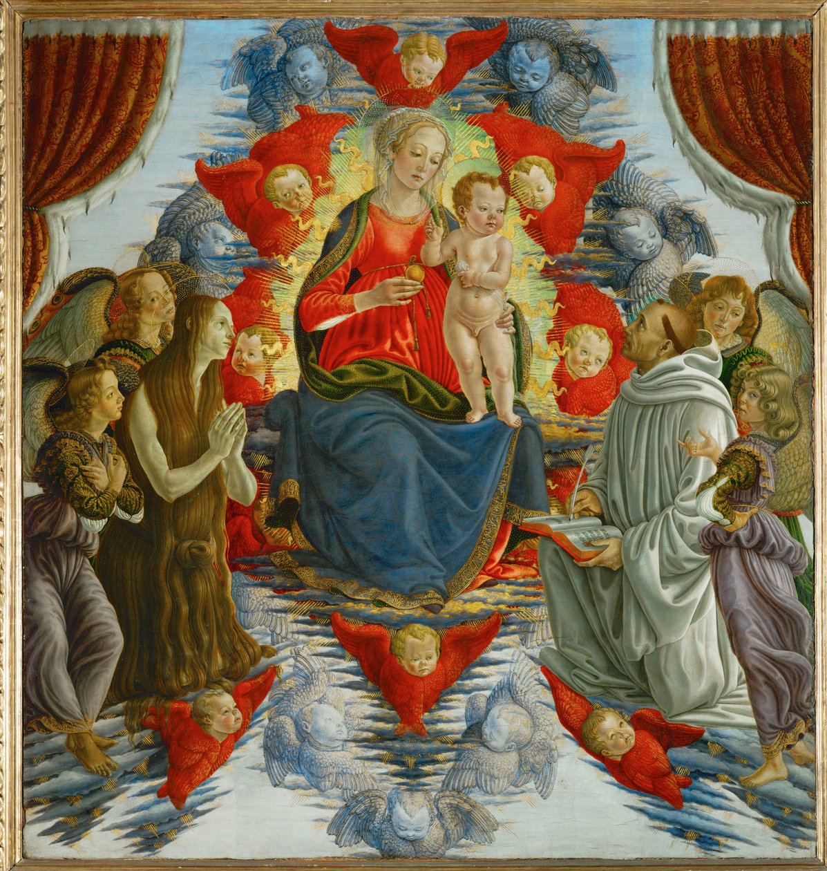 Jomfru Maria og barnet omgitt av engler, Sankt Maria Magdalena og Sankt Bernhard - Madonna og barnet blant engler … av Francesco Botticini
