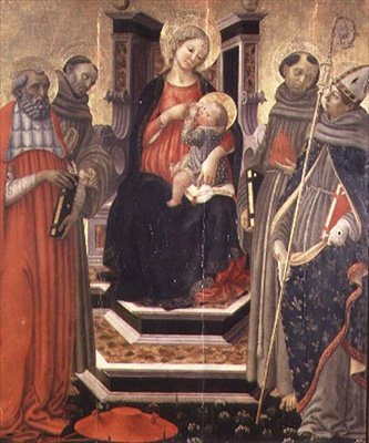 Madonna og barn med SS. Jerome, Frans av Assisi, Anthony av Padua og Ludvig av Toulouse (tempera på panel) av Francesco Botticini