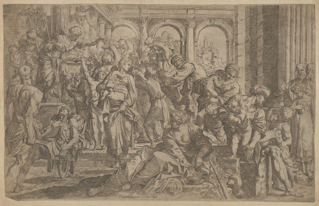Saint Roch til venstre deler ut almisser til en gruppe mennesker samlet rundt ham, etter A..., ca. 1607. av Francesco Brizio