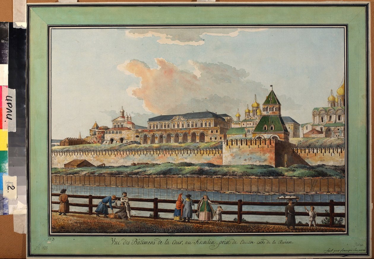 Utsikt over Vinter Kreml-palasset i Moskva fra Moscova-elven - Verk av Francesco Camporesi (1747-1831), akvarell på papir, ca. 1780 (Utsikt over Vinterkreml-palasset fra Moskva-elven, Akvarell på papir av Francesco Camporesi) - Institutt for Kreml Rus av Francesco Camporesi
