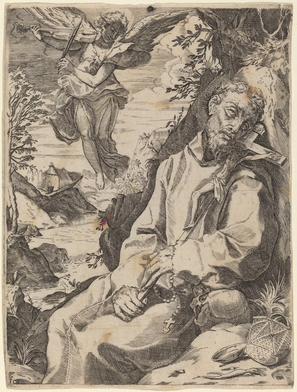 Saint Francis trøstet av den musikalske engelen av Francesco Carracci after Agostino Carracci