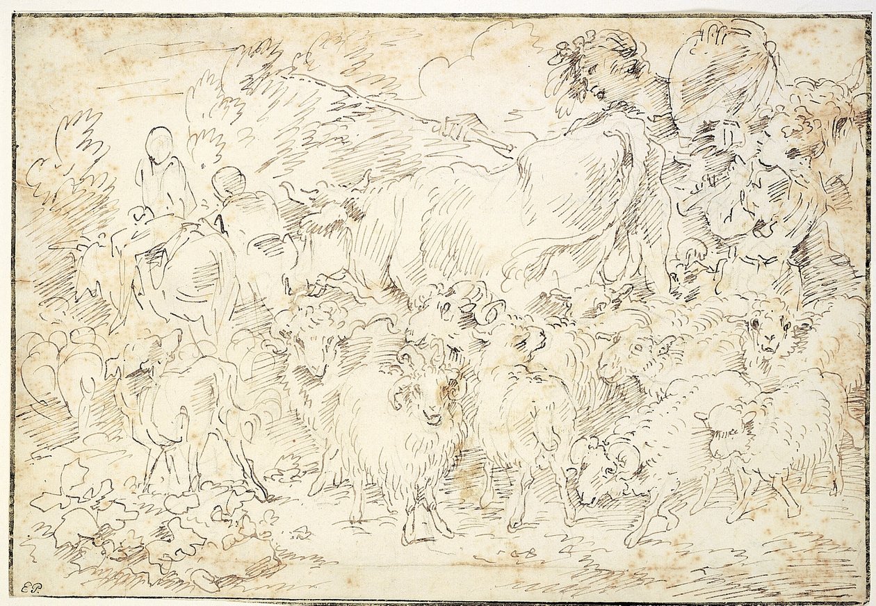 Hyrder med geiter, sauer, en ku og en gjeterhund av Francesco Castiglione