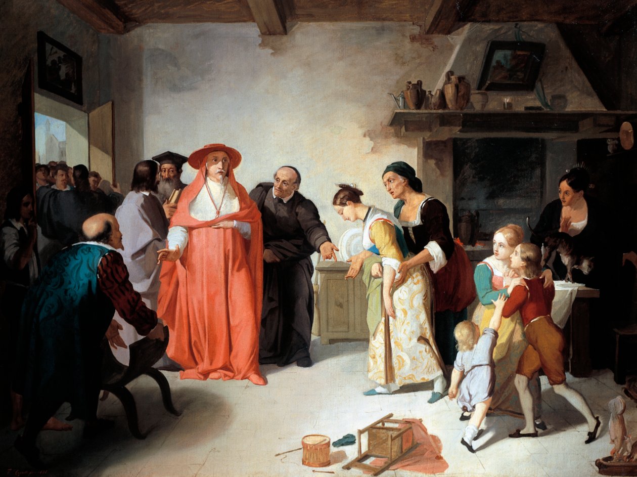 Kardinal Borromeo besøker Lucy i skredderhuset, scene fra Forlovet av Alessandro Manzoni (1785-1873), av Francesco Coghetti (1804-1875), olje på lerret, 35,3 x 47,4 cm av Francesco Coghetti