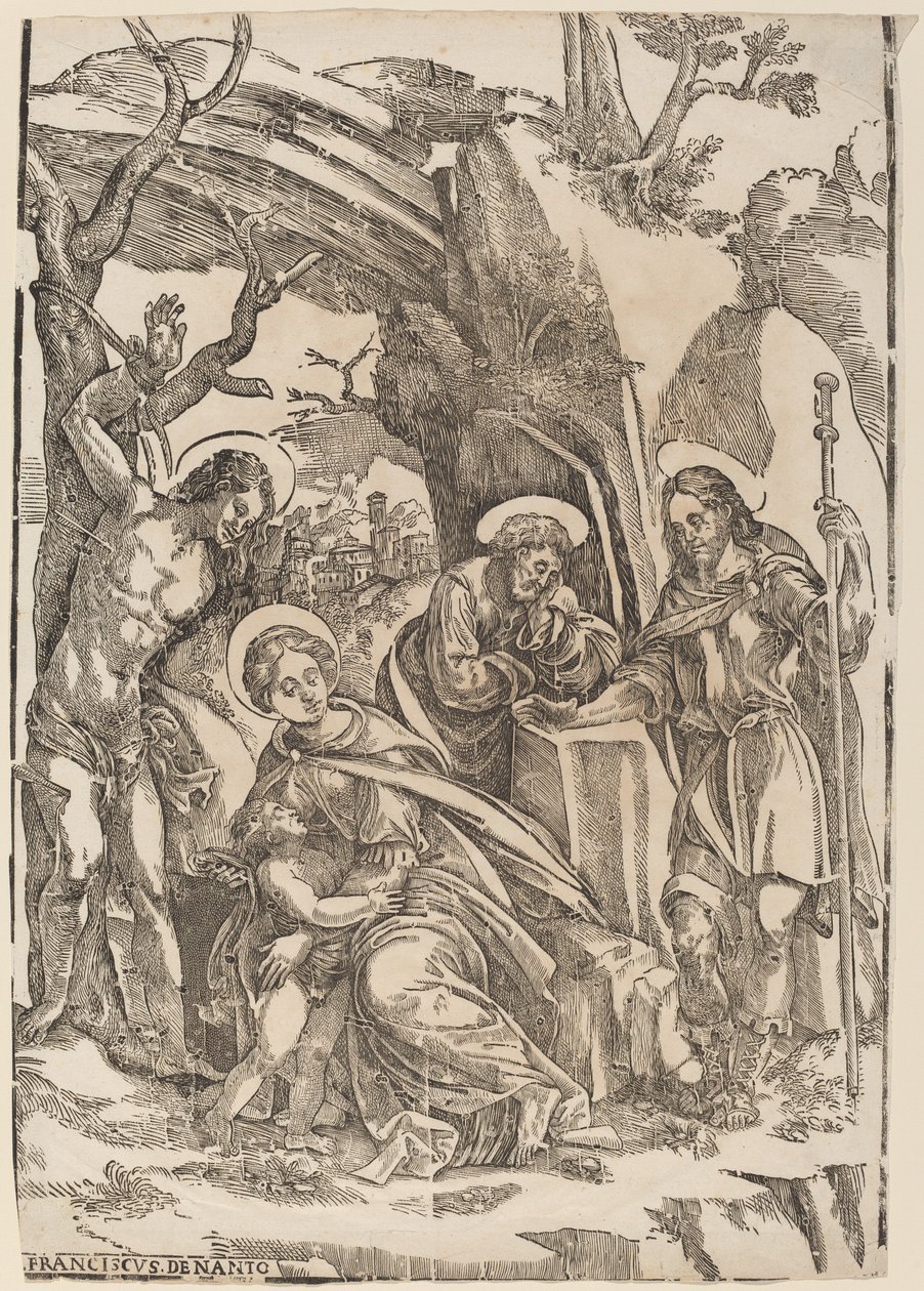 Den hellige familie med Saint Sebastian og Saint Roch av Francesco Denanto