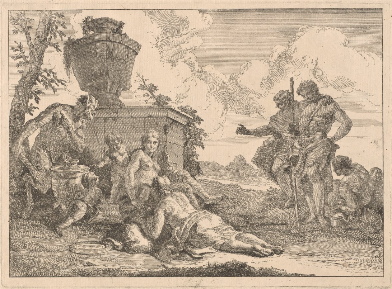 En satyr med en stav og syv andre figurer av Francesco Fontebasso