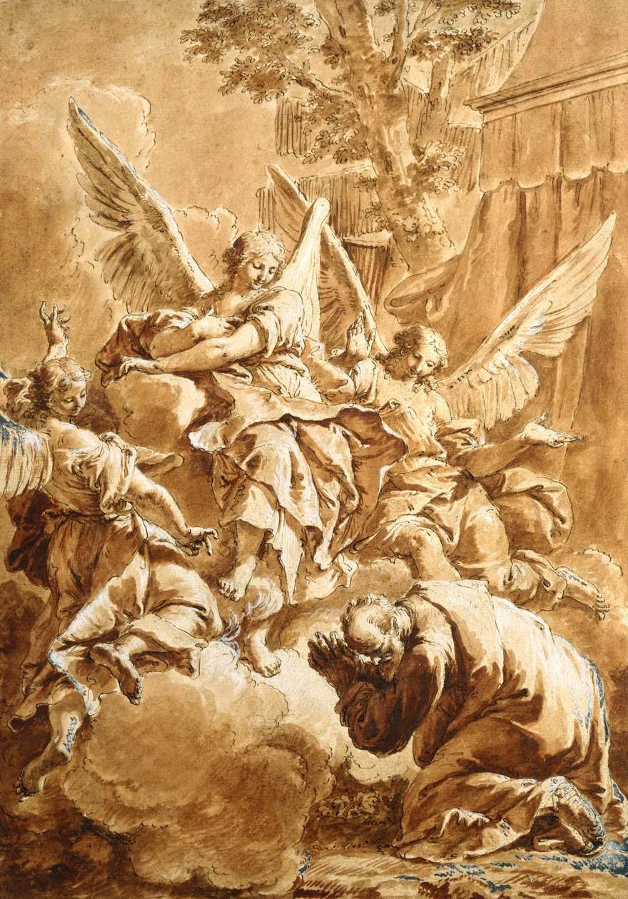 Abraham og de tre englene, ca. 1750 (penn og brunt blekk over svart kritt med rød vask) av Francesco Fontebasso