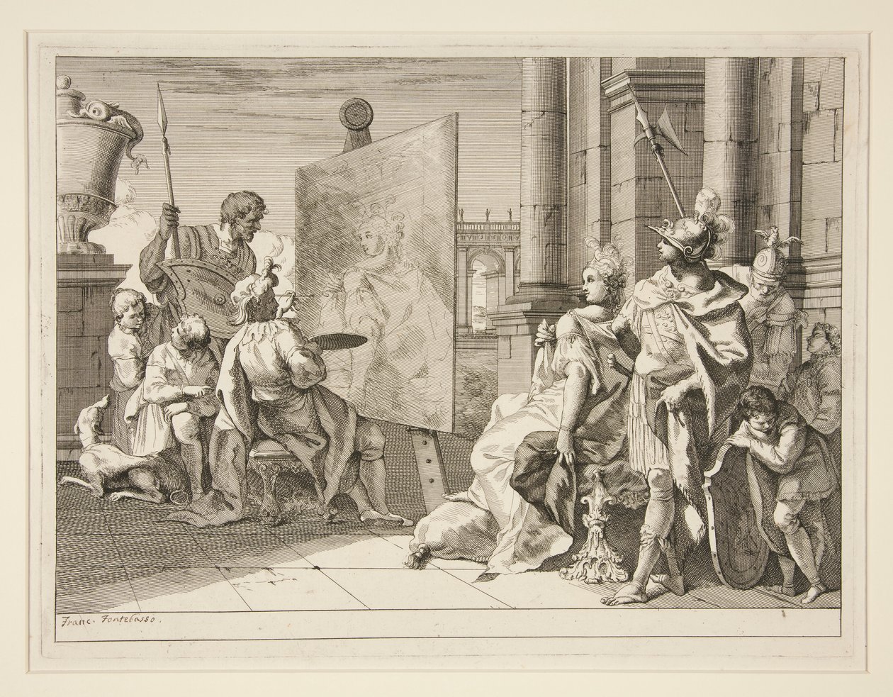 Apelles maleri Campaspe, elskerinnen til Alexander den store, en av en serie på åtte trykk (Varii Baccanali et istorie av Francesco Fontebasso