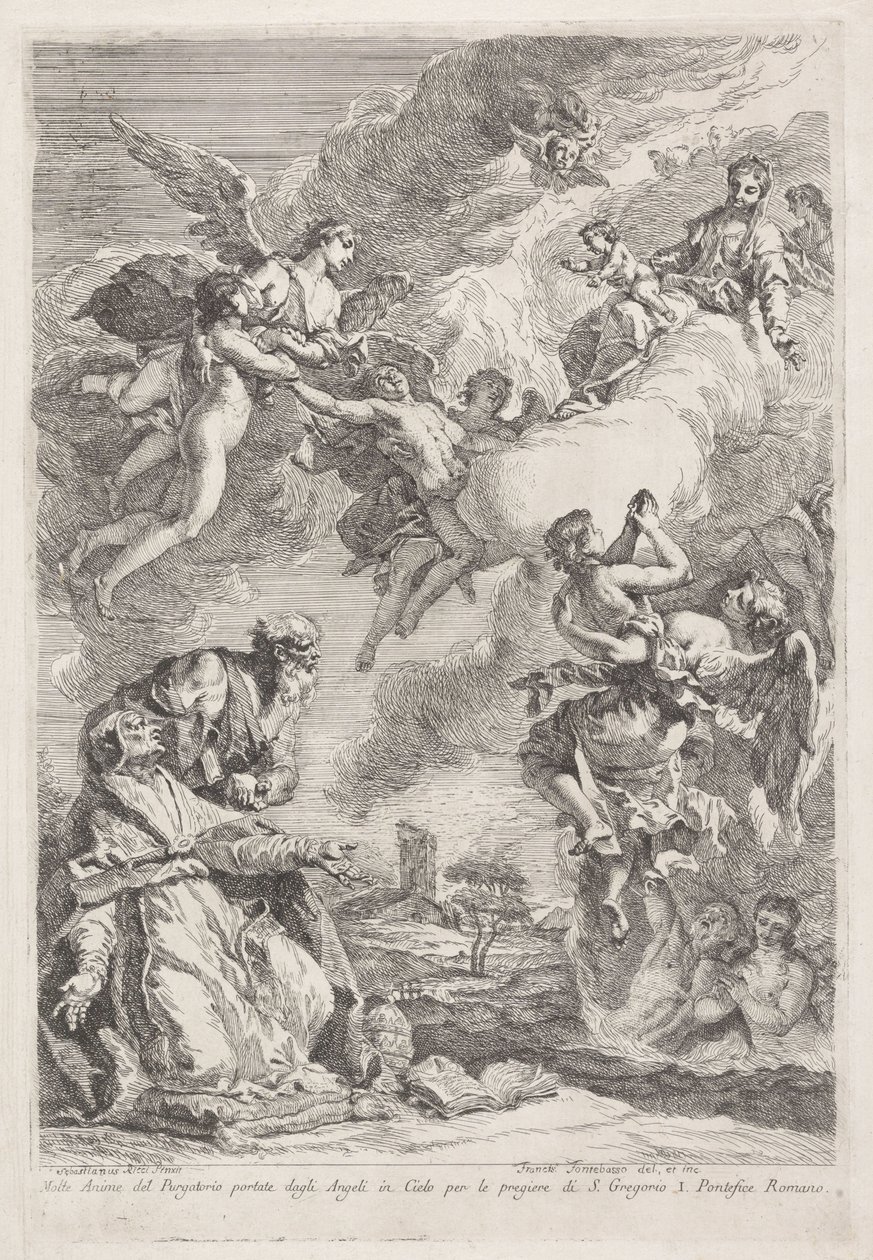 Saint Gregory the Great og Saint Hieronymus ber for sjeler i skjærsilden Molte Anime del Purgatorio portate dagli Angeli in Cielo per le pregiere di S. Gregorio I. Pontefice Romano (tittel på objekt) av Francesco Fontebasso
