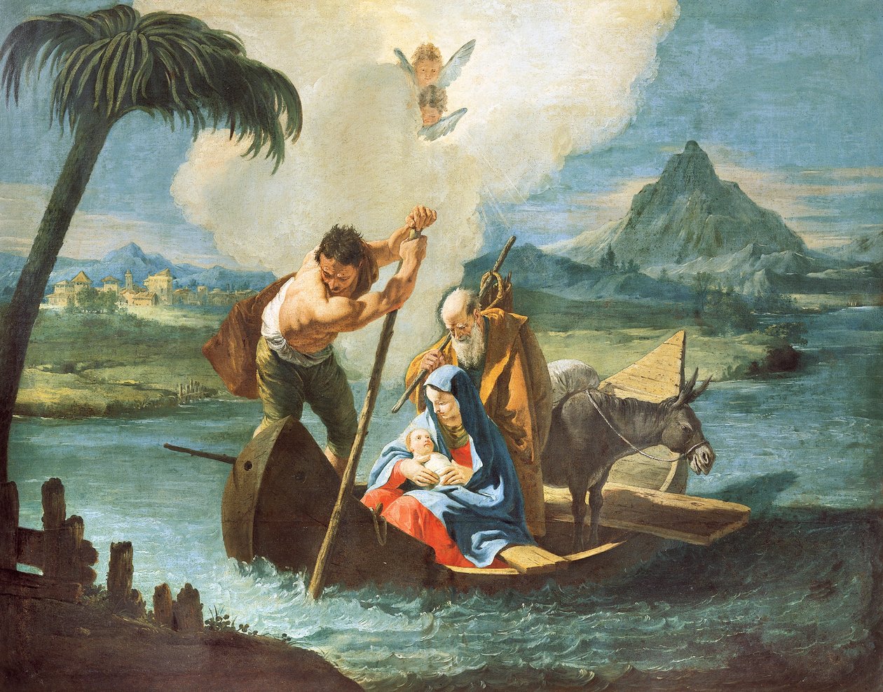 Hellig familie som krysser Nilen på flukt til Egypt, av Francesco Fontebasso (1707-1769), olje på lerret av Francesco Fontebasso