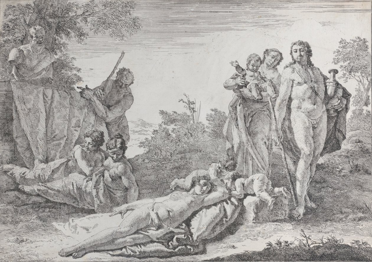 Ni figurer nær en Herm of Pan, fra Bacchanals and Histories, 1744. av Francesco Fontebasso