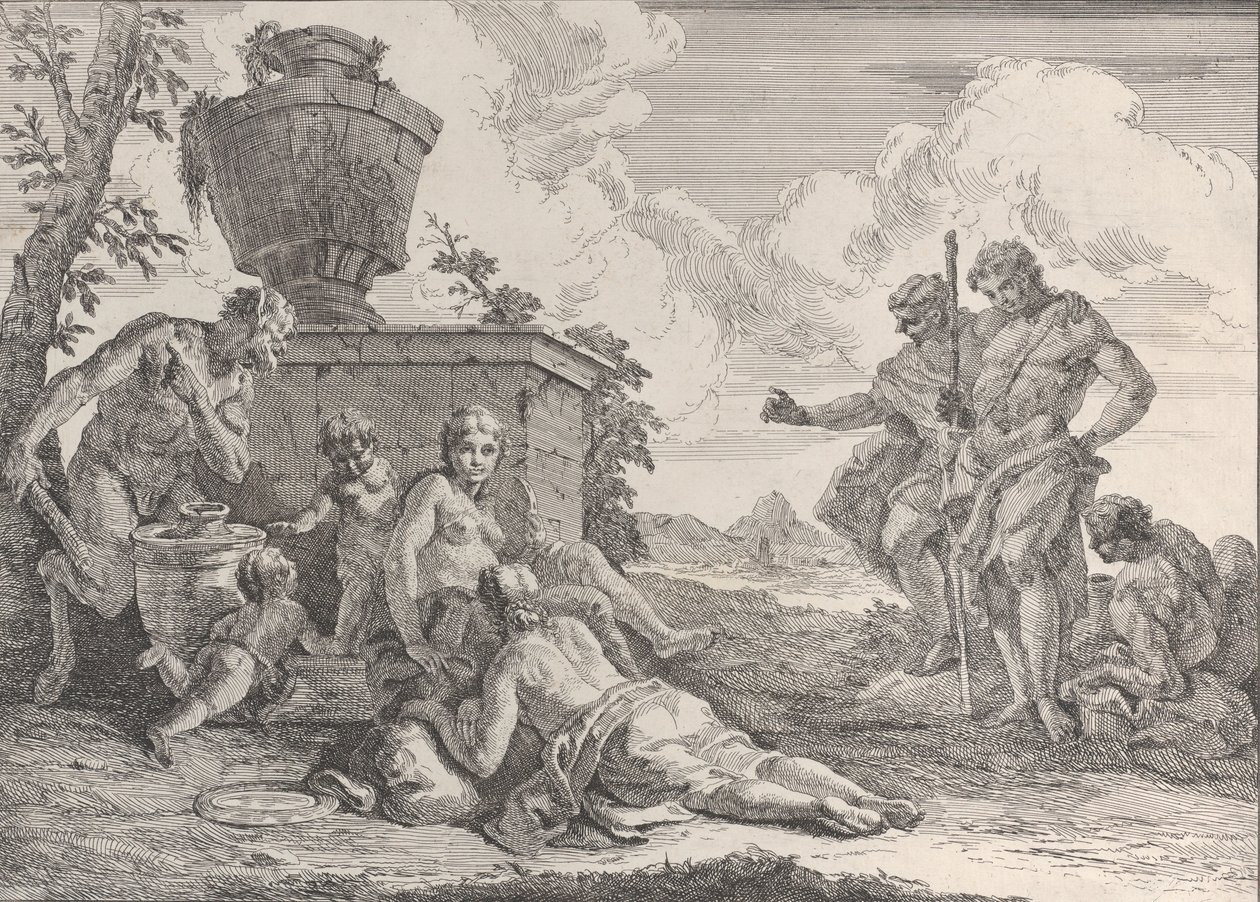 Satyr med klubb og syv figurer, fra Bacchanals and Histories, 1744. av Francesco Fontebasso