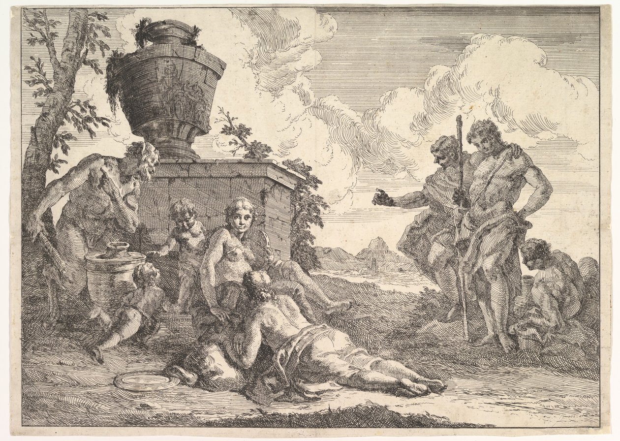 Satyr med klubb og syv figurer, fra Bacchanals and Histories, 1744. av Francesco Fontebasso