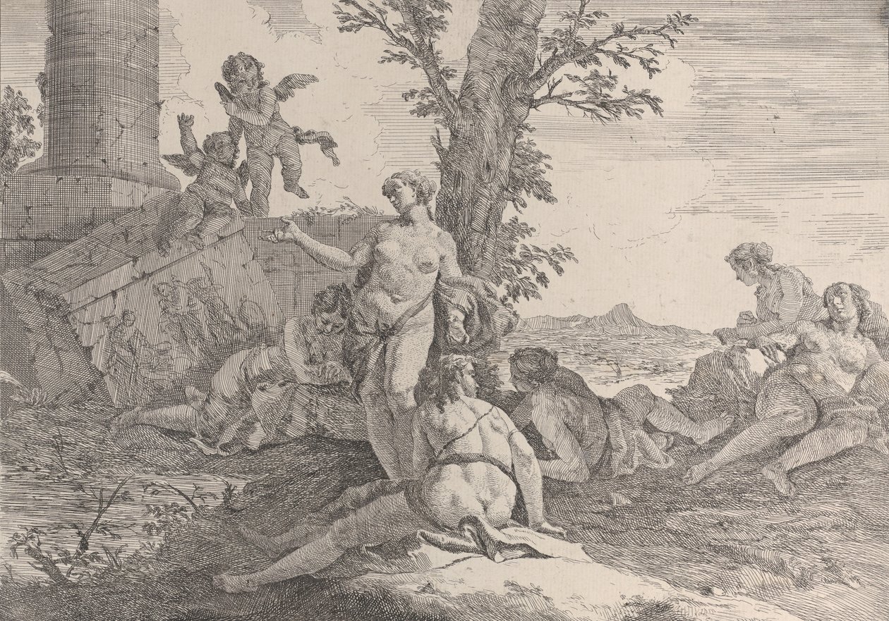 Seks nymfer og to putti, fra Bacchanals and Histories, 1744. av Francesco Fontebasso
