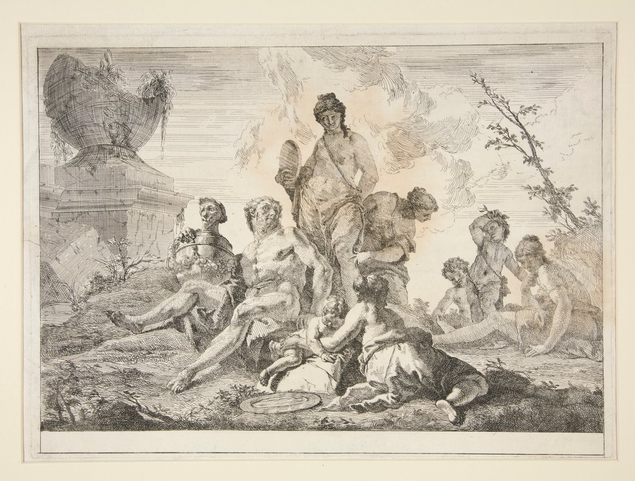 Venus, Vulcan, tre nymfer og tre kjeruber i et landskap av Francesco Fontebasso