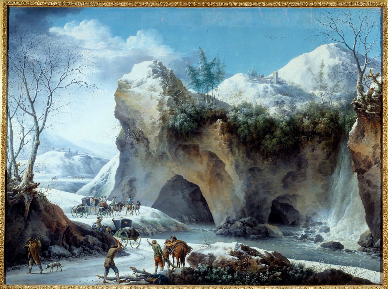 Snow Landscape Lookers kutter tre, en flid er i ferd med å gå inn i en tunnel. Maleri av Francesco Foschi (aktiv mellom 1750 og 1805) 1700-talls søn. 1,02x1,36 m Grenoble, Musee des Beaux Arts av Francesco Foschi