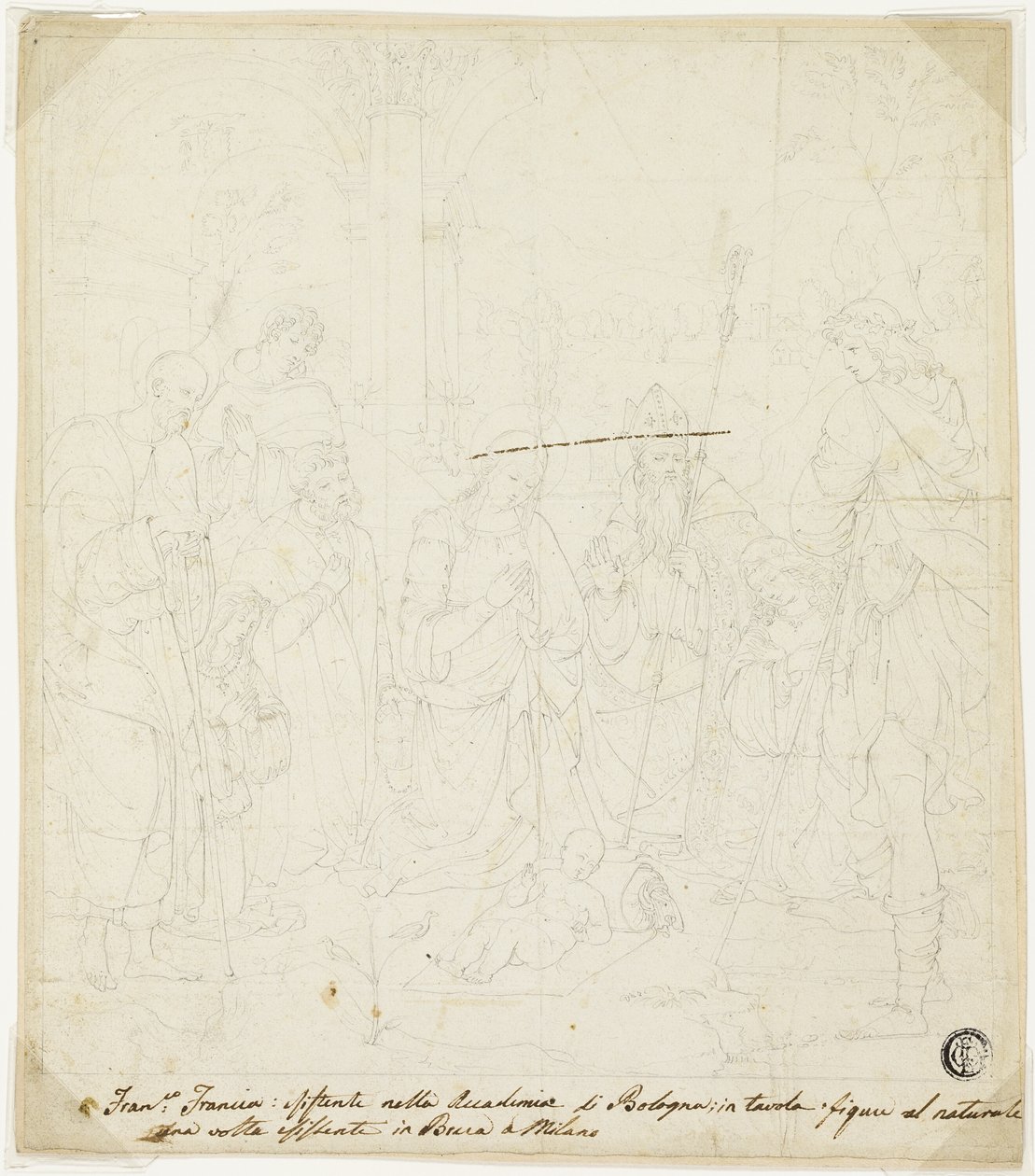 Tilbedelse av Kristusbarnet, med de hellige Josef, Frans av Assisi og Augustin, deltatt av Anton Galeazzo Bentivoglio og Alessandro Bentivoglio av Francesco Francia