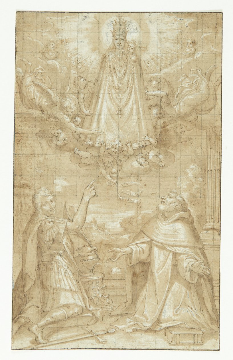 En kronet Madonna og barn, drapert med en mantel og tunge lenker, dukker opp i skyene, omgitt av engler og kjeruber, for to knelende helgener; den ene en soldat som er martyrdød, den andre en geistlig (Hyacintus?). En engel rekker et belte eller en rulle av Francesco Francia