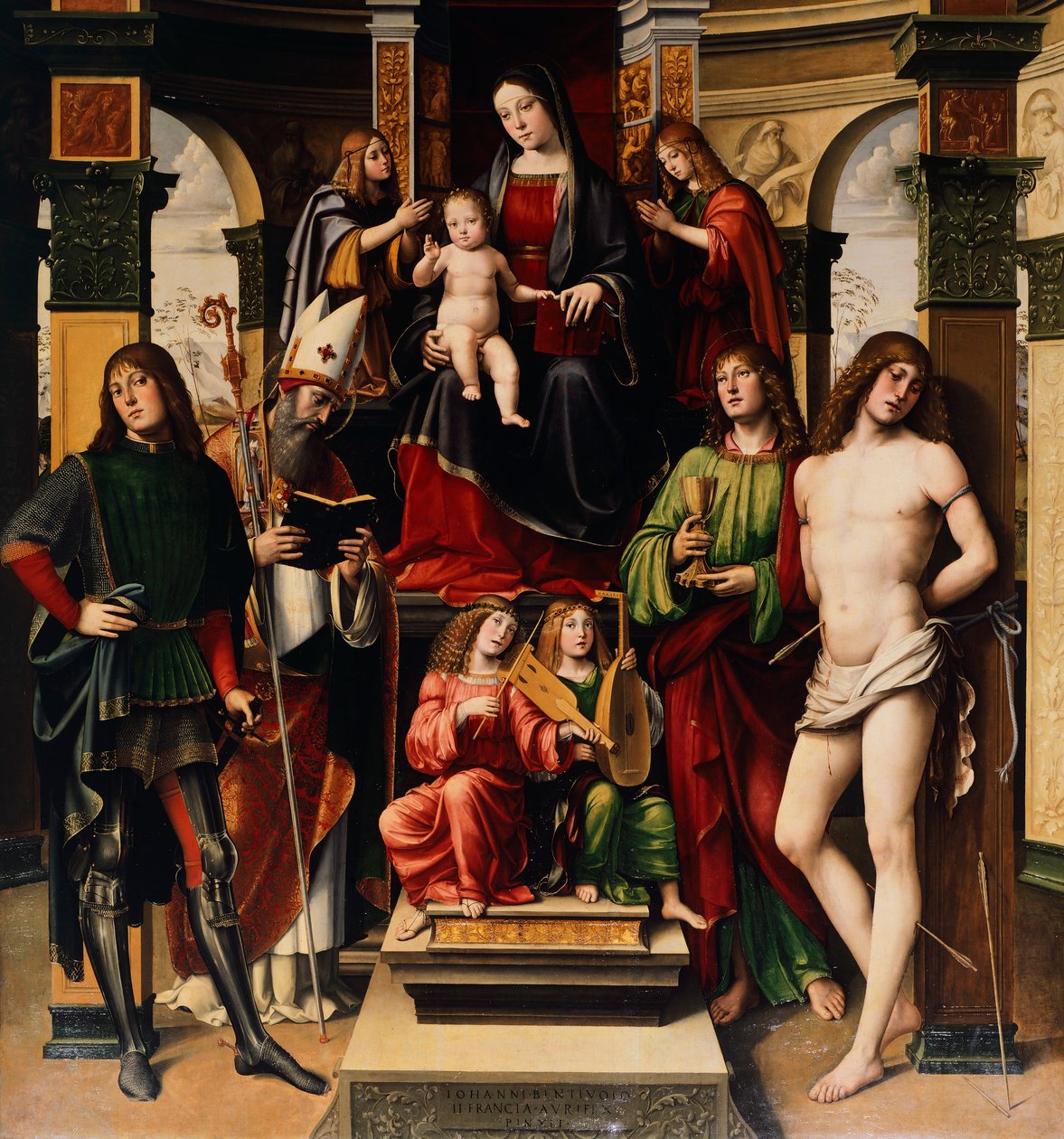Madonna med barn, engler og helgener, av Francesco Francia (1450-1517), San Giacomo Maggiore-kirken, Bologna, Italia av Francesco Francia