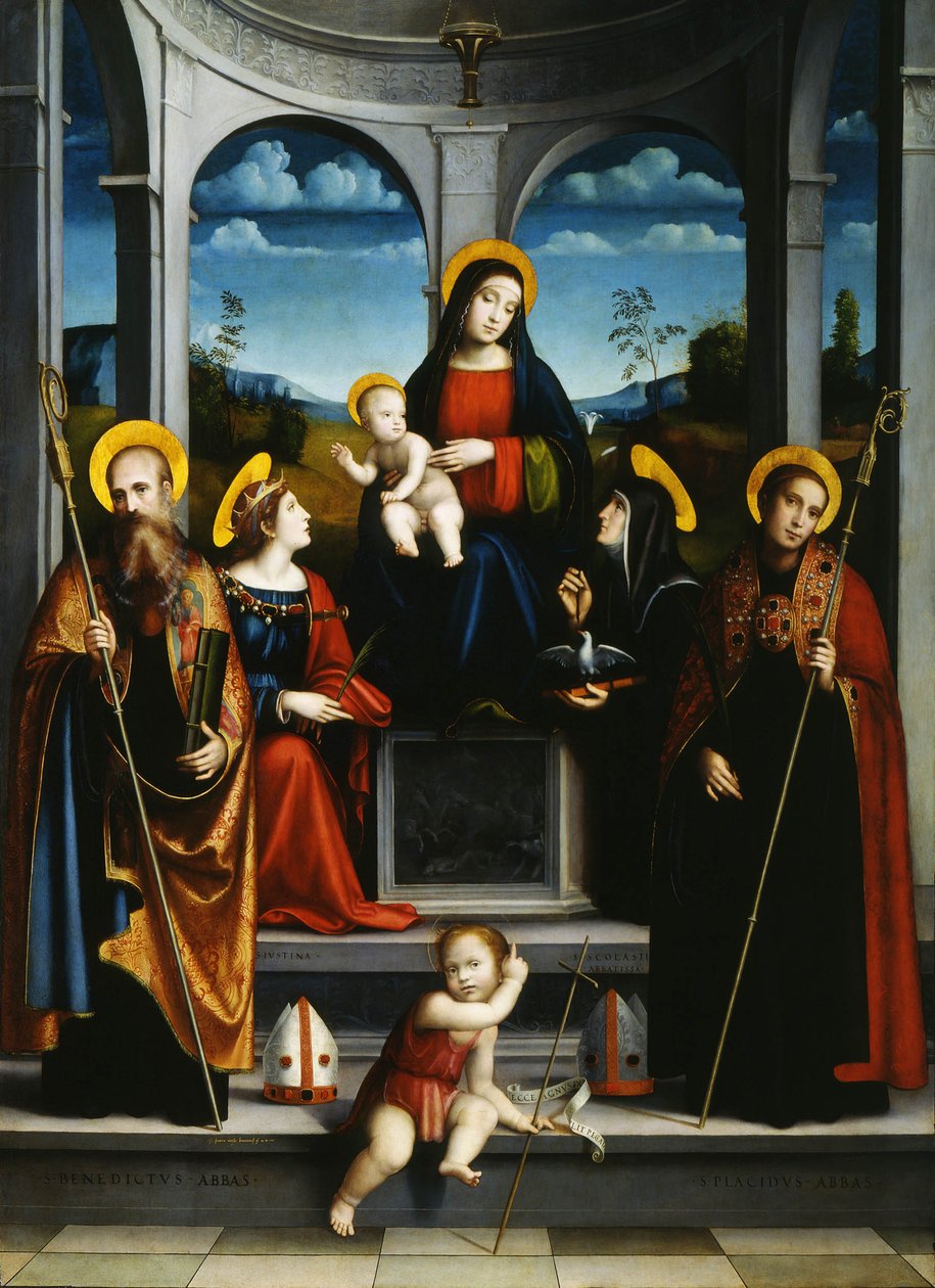 Jomfru og barn med de hellige Benedikt, Justina, Placidus og Scholastica, ca 1515 av Francesco Francia
