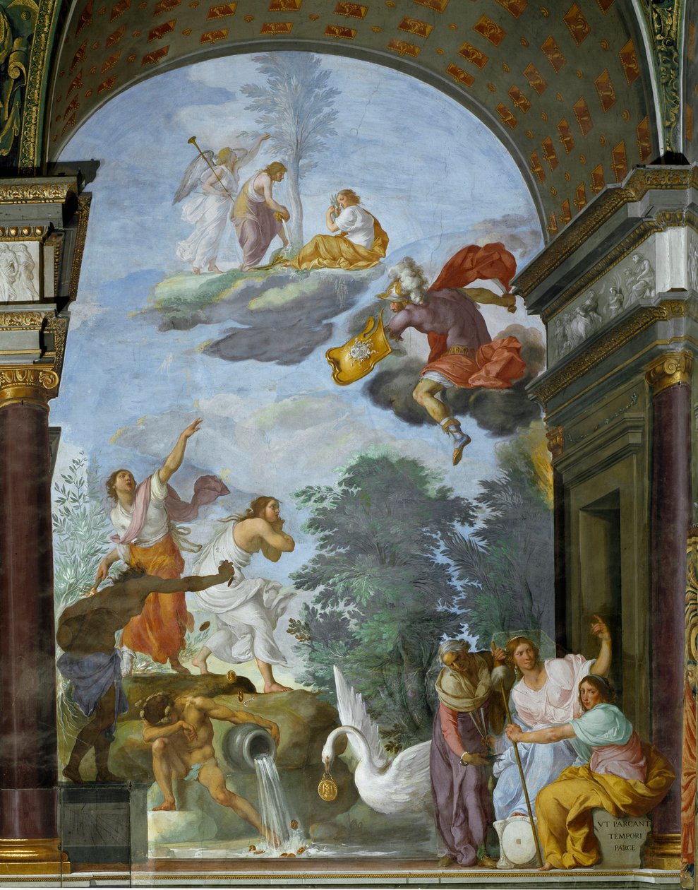 Allegori om Lawrence de Medici il Magnificents død (1449-1492). Til høyre, representasjon av skjebnens guder, kabinettene (eller parkene): Clotho, Lachesis og Atropos. Fresco av Francesco Furini (160). av Francesco Furini