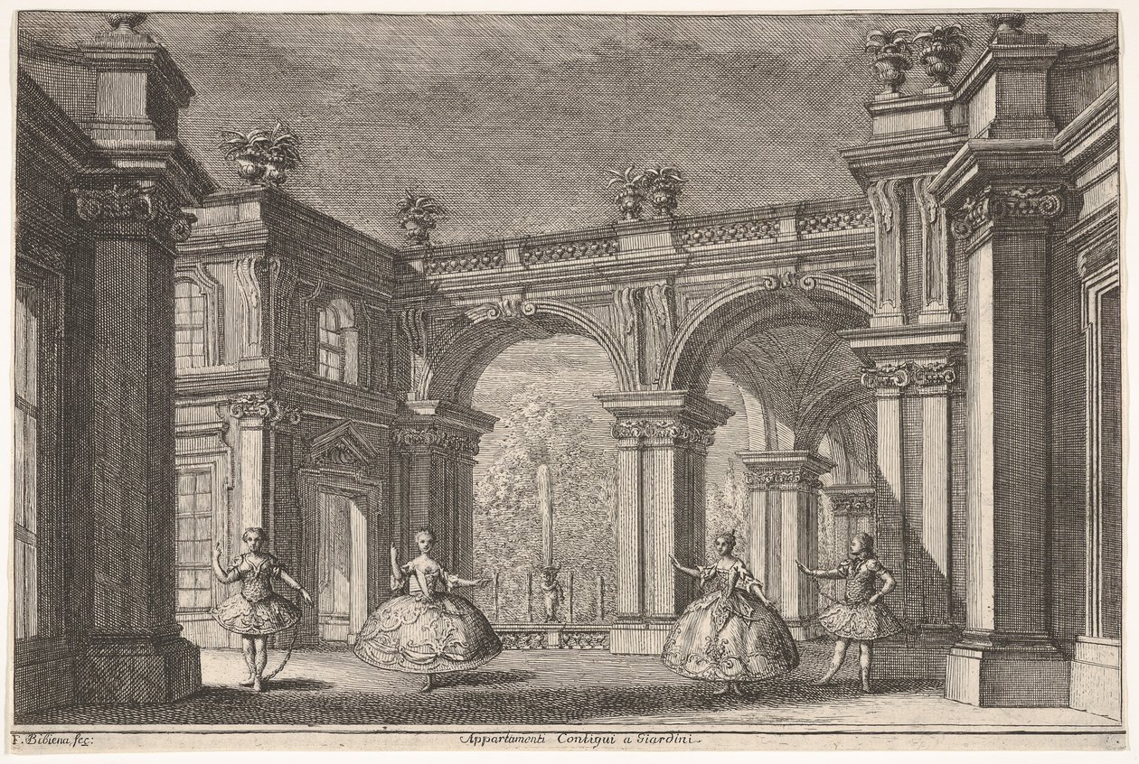 To damer og to herrer som danser i utsmykkede arkitektoniske omgivelser, en fontene ved..., 1765. av Francesco Galli Bibiena