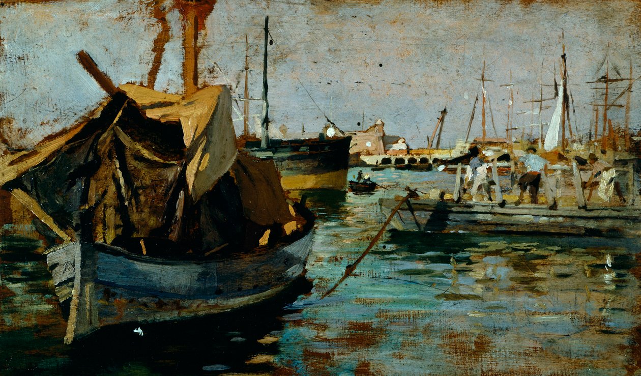 På jobb i Livorno havn (Leghorn) av Francesco Gioli (1846-1922), olje på panel, 22x38 cm av Francesco Gioli