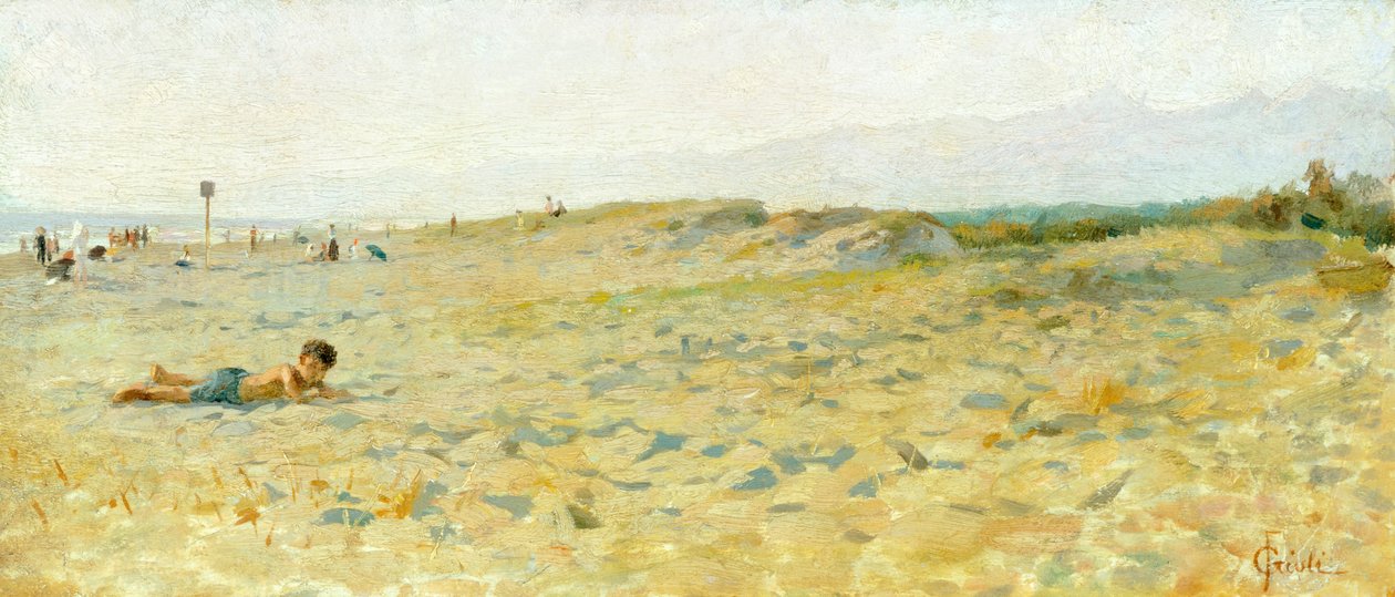 Strand i Cinquale av Francesco Gioli (1846-1922), olje på panel av Francesco Gioli