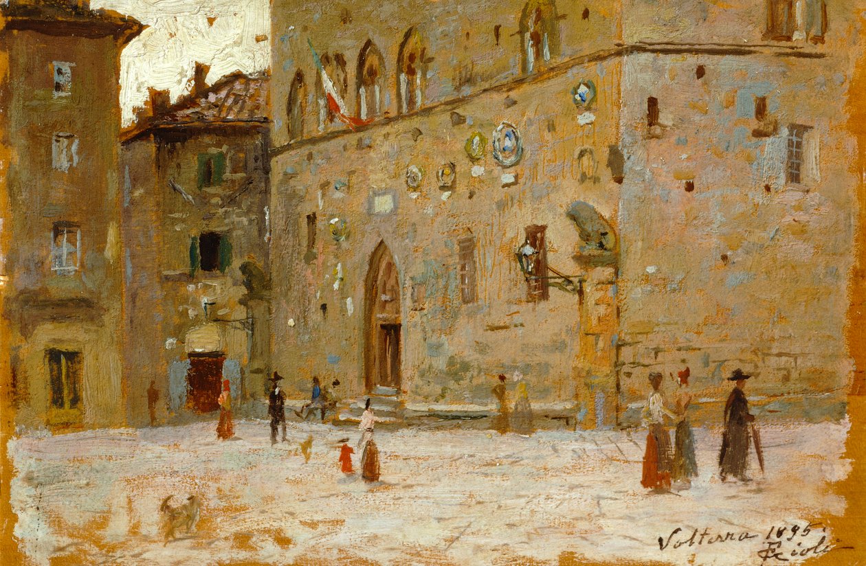I square in Volterra av Francesco Gioli (1846-1922), olje på panel av Francesco Gioli