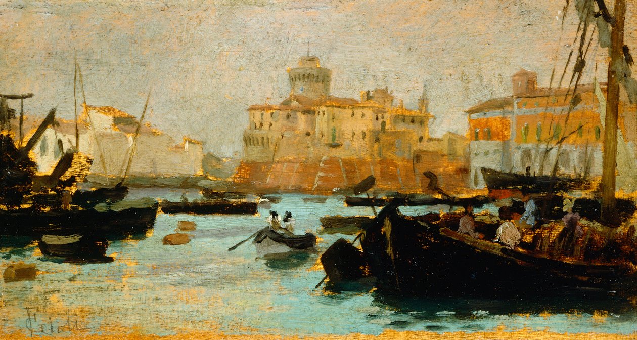 Port in Livorno av Francesco Gioli (1846-1922), olje på panel, 9x17 cm av Francesco Gioli