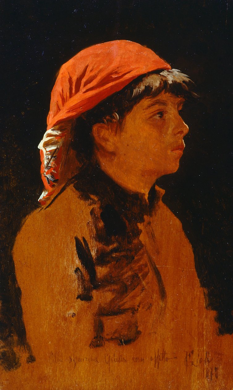 Rødt skjerf av Francesco Gioli (1846-1922), olje på panel, 28x17 cm av Francesco Gioli
