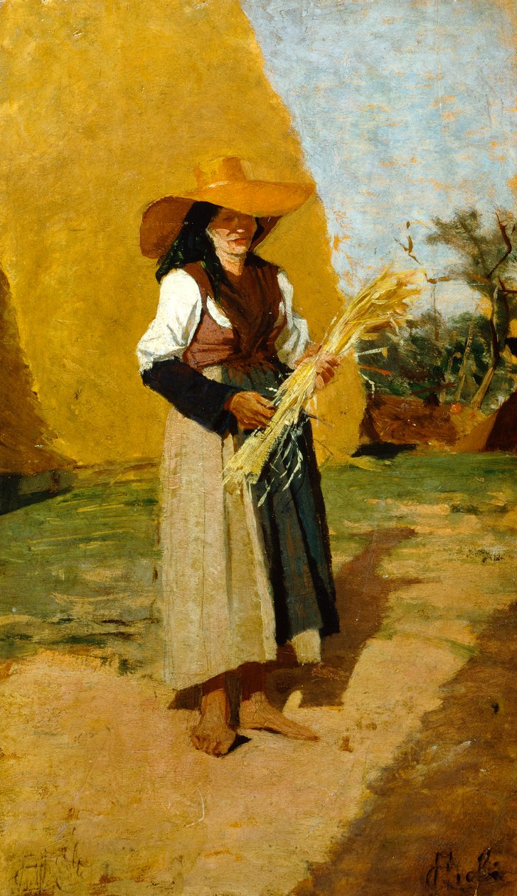 Study for Gleaner (female fieldhand) by Francesco Gioli (1846-1922), oil on panel, 32x19 cm   1414775   no       norwegian Successfully Translated  Original: Genoa, Duomo (St Lawrence Cathedral), sacristy, chapel: "Eucharistic Christ adored by Saints", by  av Francesco Gioli