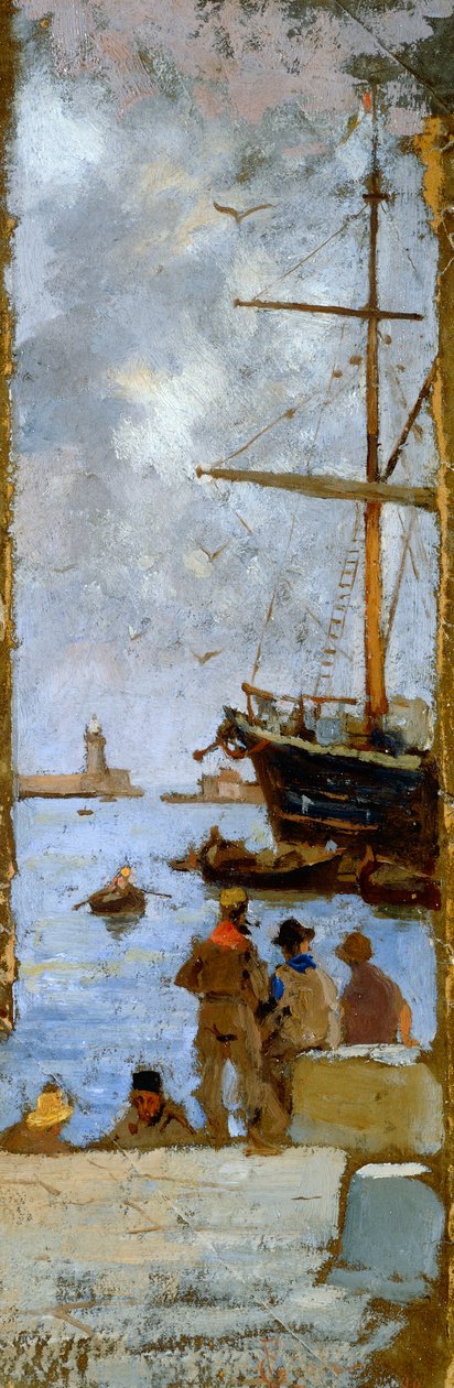 Utsikt over havnen i Livorno av Francesco Gioli (1846-1922), olje på lerret overført til papp, 38x12 cm av Francesco Gioli