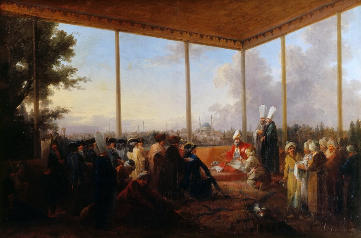 Publikum gitt i Konstantinopel av storvesiren Aimali Carac for Francois-Emmanuel Guignard, Co av Francesco Giuseppe Casanova