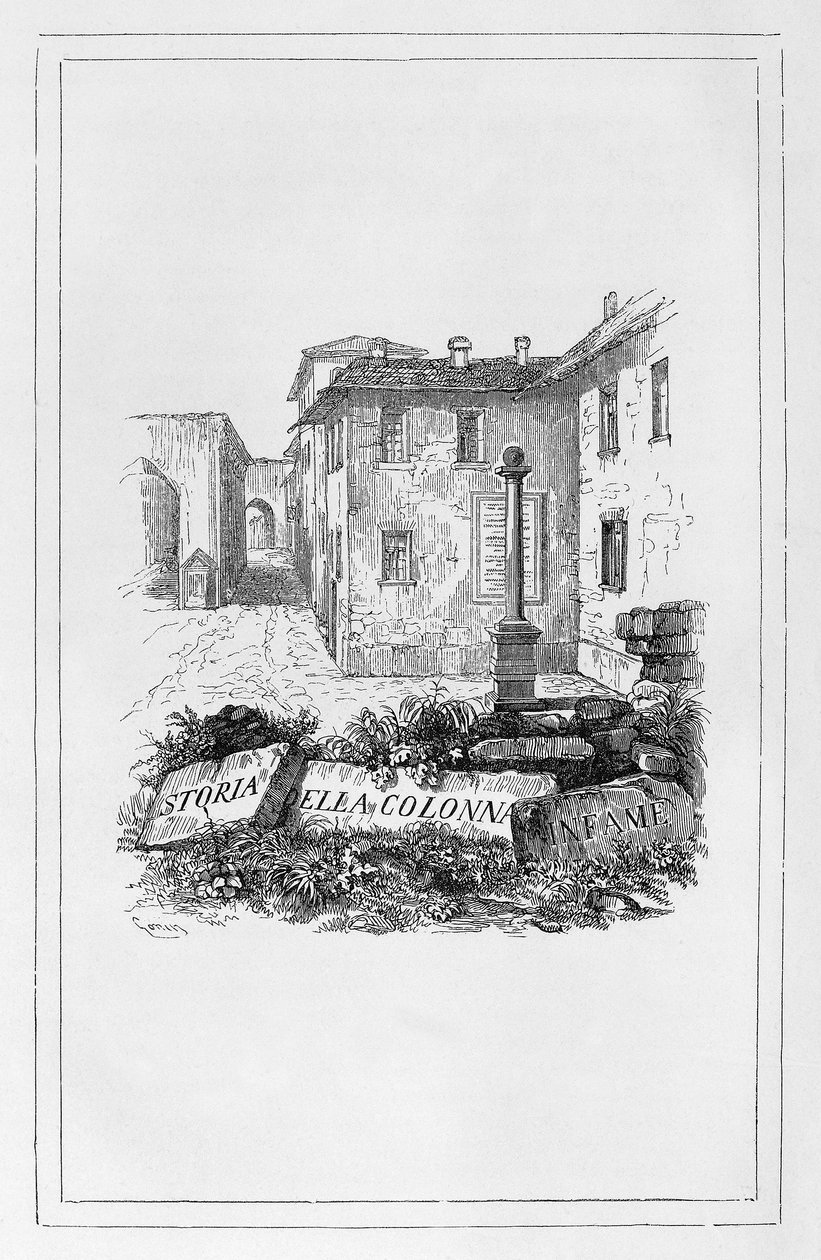 Historien om skjendens søyle, tittelside av Francesco Gonin (1808-1889) for historisk essay av Alessandro Manzoni (1785-1873), Italia av Francesco Gonin