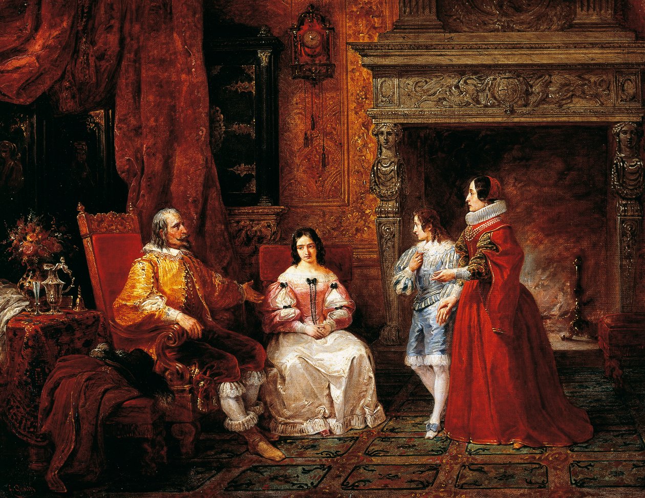 Prins som forteller den unge prinsen og moren hans om Gertruds beslutning om å bli nonne, episode fra Troloved av Alessandro Manzoni (1785-1873) av Francesco Gonin