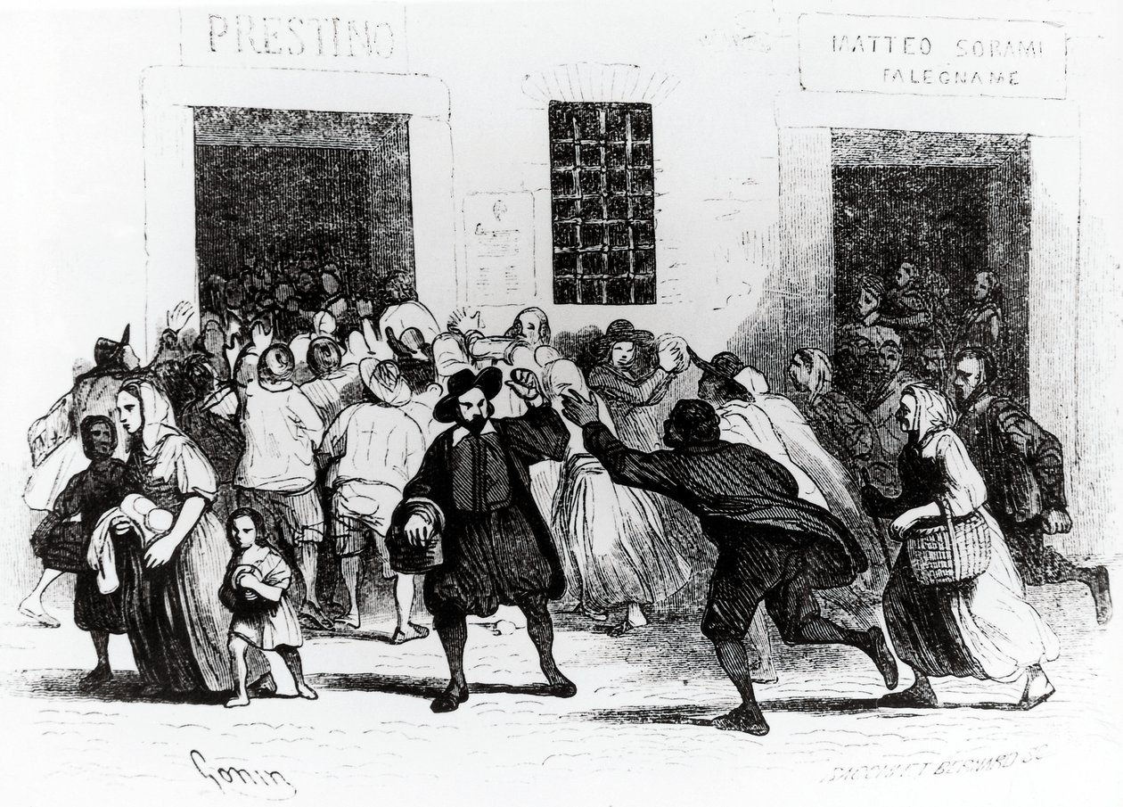 Plyndringen av bakeri med krykker, episode fra Troloved, av Alessandro Manzoni (1785-1873), illustrasjon av Francesco Gonin (1808-1889) 1840-utgaven av Francesco Gonin
