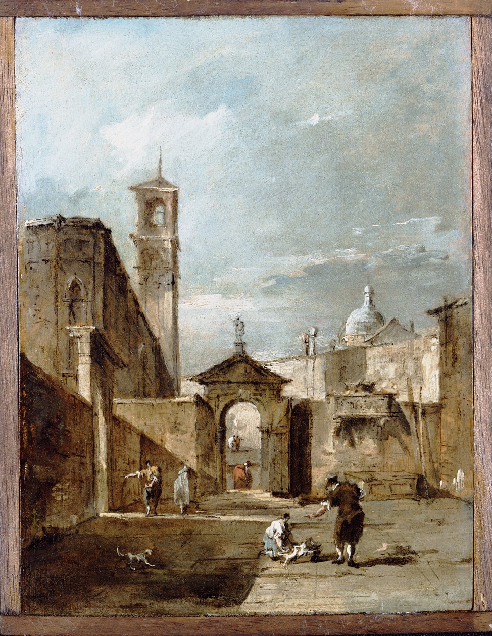 En Capriccio av en venetiansk campo med en kirke utenfor av Francesco Guardi