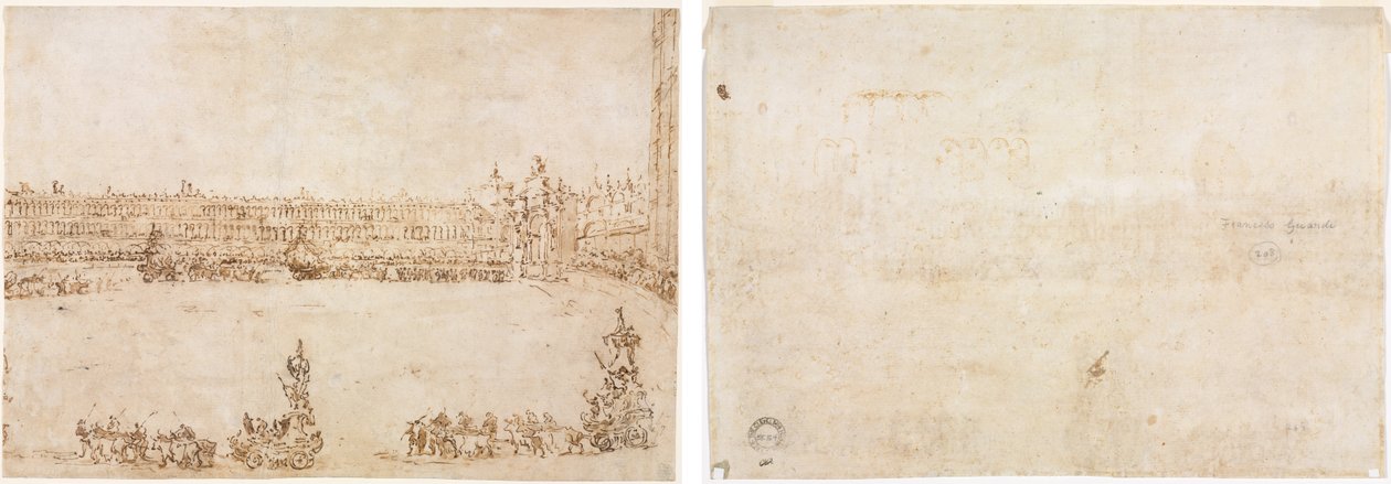 En prosesjon av triumfbiler på Piazza San Marco, Venezia, for å feire besøket til Conti del Nord (recto) Tre skisser av buer (verso) av Francesco Guardi