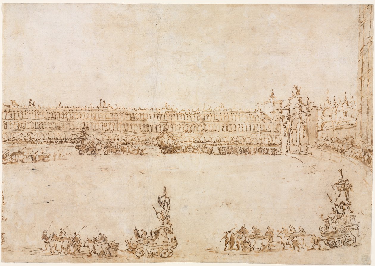 En prosesjon av triumfbiler på Piazza San Marco, Venezia, for å feire besøket til Conti del Nord (recto) av Francesco Guardi