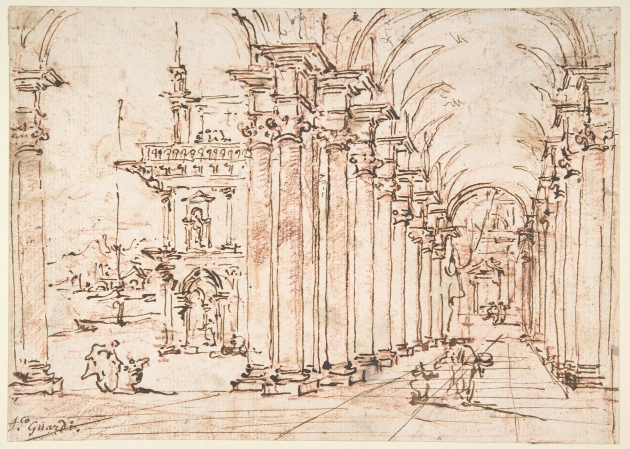Arkitektonisk capriccio: hvelvet søylegang i et palass av Francesco Guardi