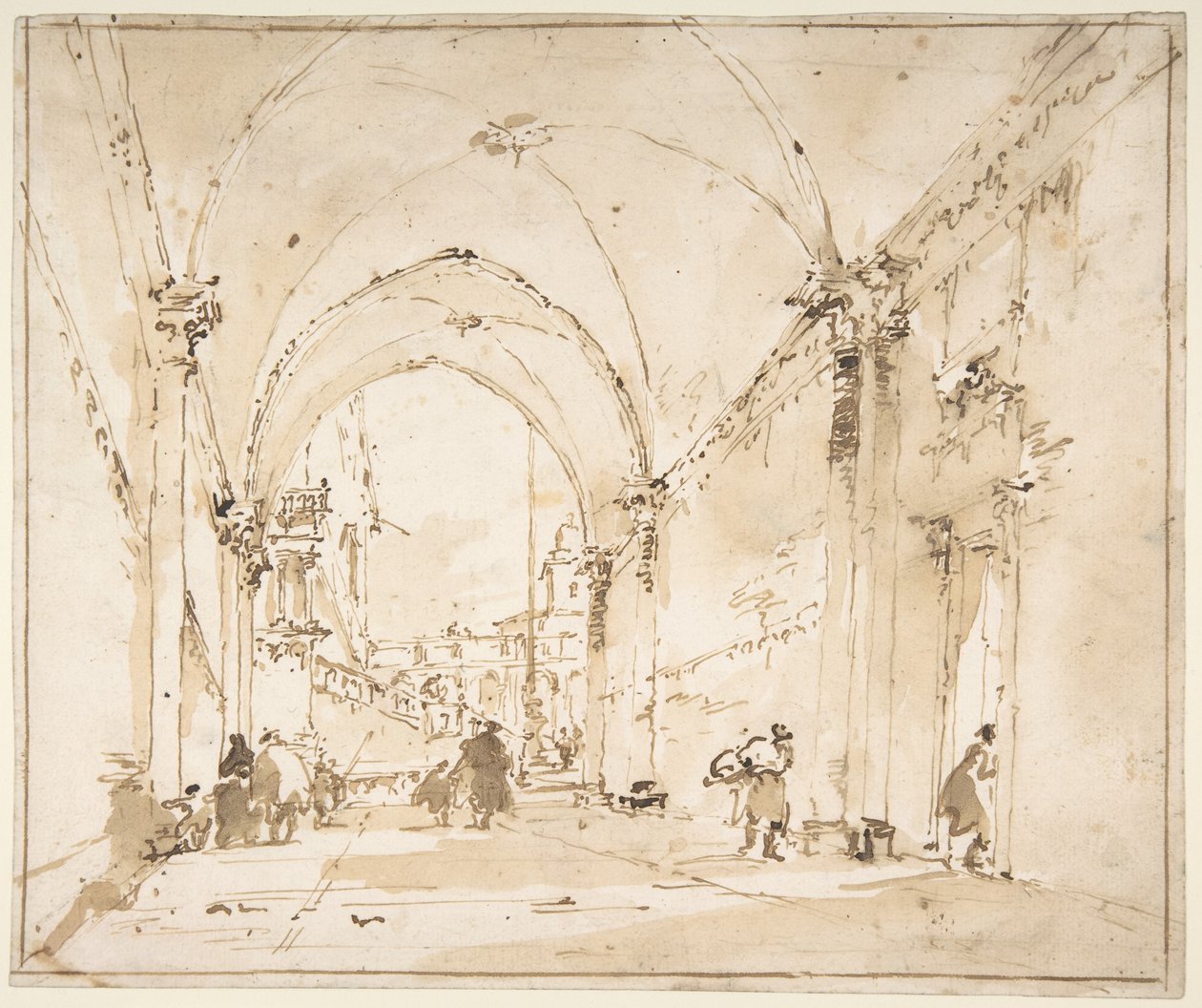 Arkitektonisk capriccio: hvelvet passasje som leder til en plass av Francesco Guardi