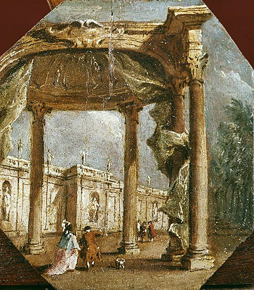 Capriccio av en dårskap med et elegant par og en hund (olje på panel) av Francesco Guardi