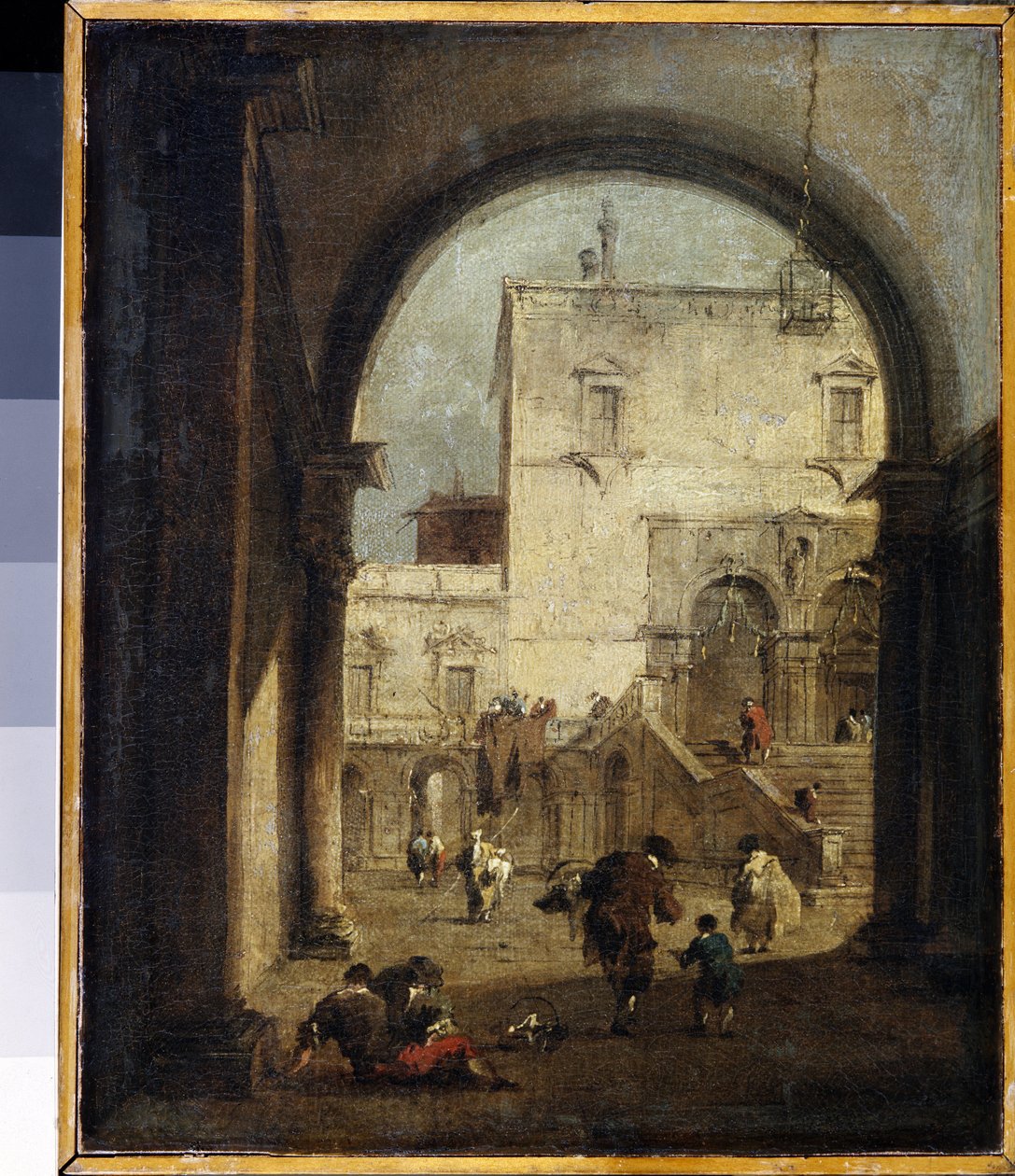 "Venetiansk Capriccio: utsikt over et torg og et palass" (Venetiansk Capriccio: utsikt over et torg og et palass) Maleri av Francesco Guardi (1712-1793) 1775-1780 Søn. 27x23 cm Hermitage Museum, St. Petersburg av Francesco Guardi